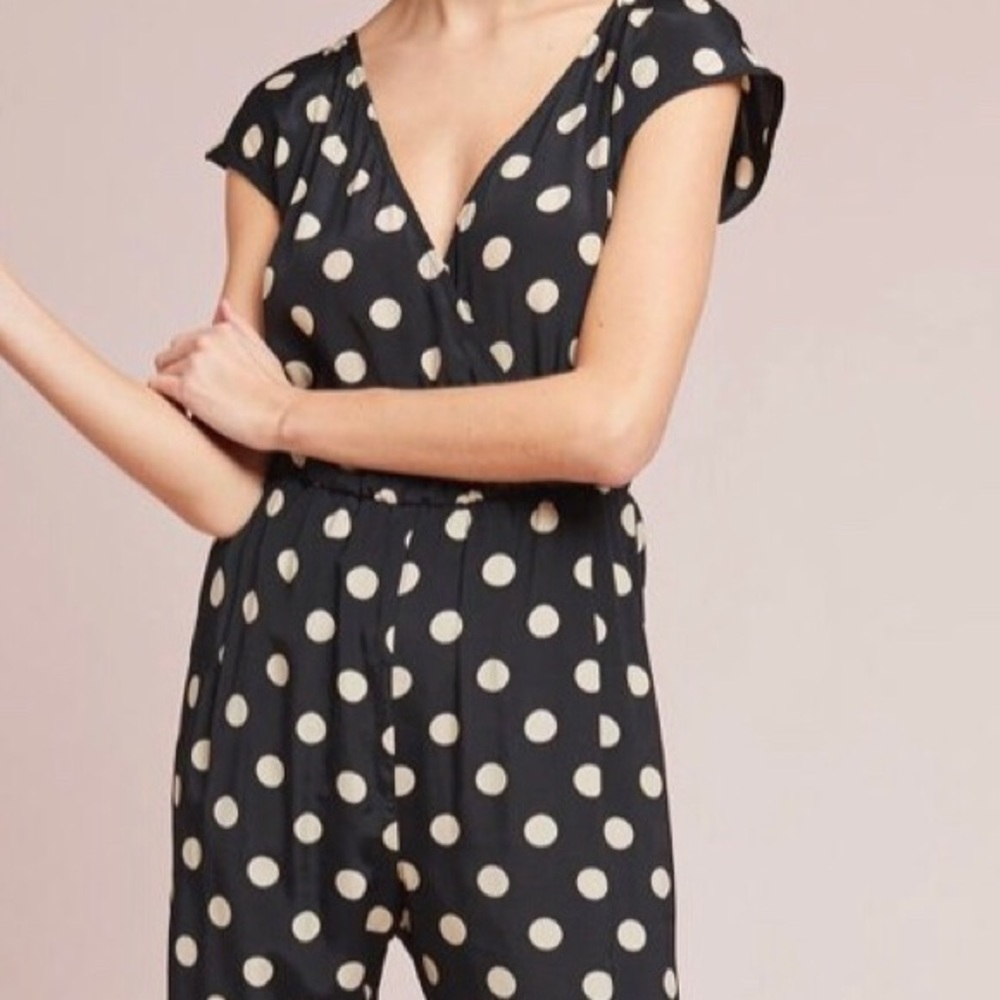 Anthropology polka dot jumpsuit with gold belt